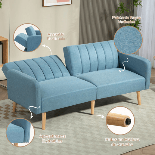 HOMCOM Sofá Cama de 2 Lugares com Encosto Ajustável em 3 Posições Apoio para os Braços Desmontável e Pés de Madeira Sofá Duplo Moderno para Sala de Estar Escritório 173x75x73cm Azul Claro
