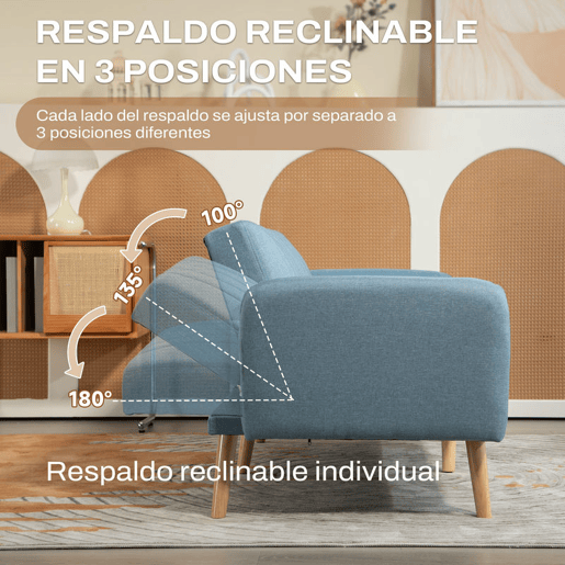 HOMCOM Sofá Cama de 2 Lugares com Encosto Ajustável em 3 Posições Apoio para os Braços Desmontável e Pés de Madeira Sofá Duplo Moderno para Sala de Estar Escritório 173x75x73cm Azul Claro