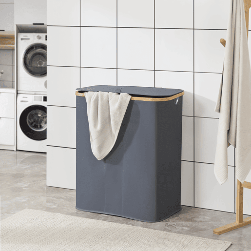 Cesto para roupa suja Rusko com 3 sacos amovíveis Bamboo 600D Oxford 69 x 57 x 37 cm - Cinzento escuro en.casa