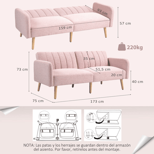 HOMCOM Sofá Cama de 2 Lugares com Encosto Ajustável em 3 Posições Apoio para os Braços Desmontável e Pés de Madeira Sofá Duplo Moderno para Sala de Estar Escritório 173x75x73 cm Rosa