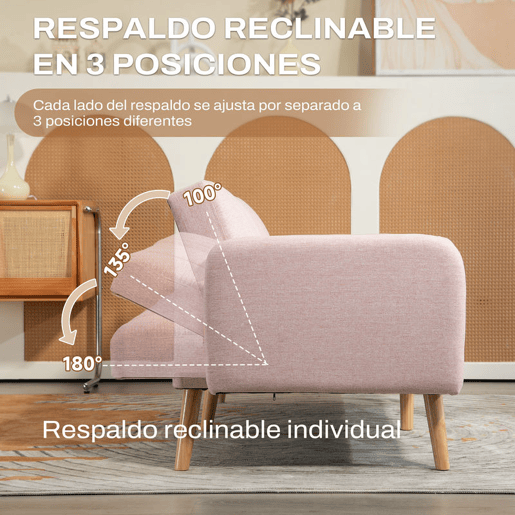 HOMCOM Sofá Cama de 2 Lugares com Encosto Ajustável em 3 Posições Apoio para os Braços Desmontável e Pés de Madeira Sofá Duplo Moderno para Sala de Estar Escritório 173x75x73 cm Rosa