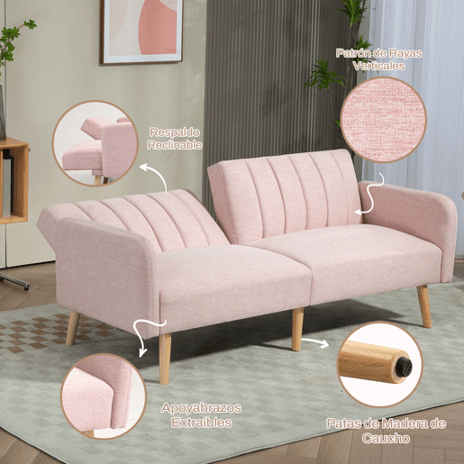 HOMCOM Sofá Cama de 2 Lugares com Encosto Ajustável em 3 Posições Apoio para os Braços Desmontável e Pés de Madeira Sofá Duplo Moderno para Sala de Estar Escritório 173x75x73 cm Rosa