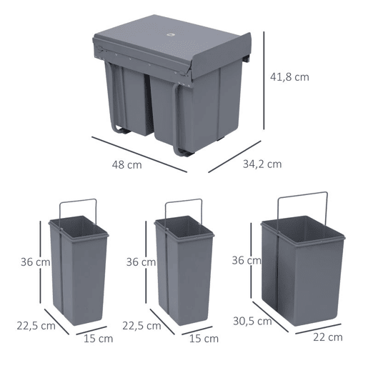 HOMCOM Cubos de Lixo para Cozinha com 3 recipientes de Reciclagem Removíveis 1x20L e 2x10L Metal e Plástico 48x34,2x41,8cm Cinza