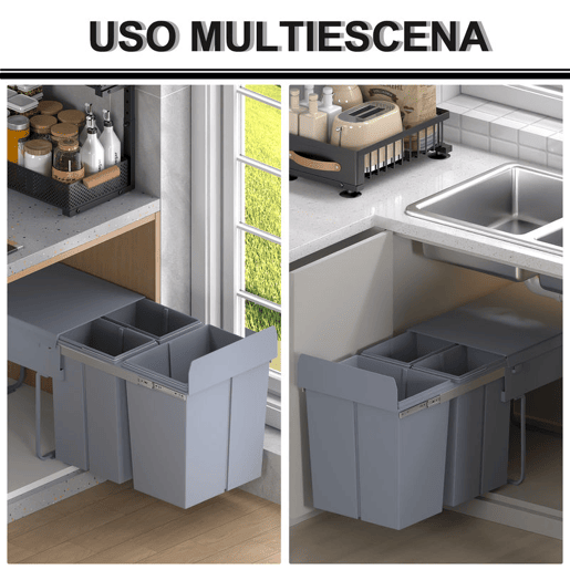 HOMCOM Cubos de Lixo para Cozinha com 3 recipientes de Reciclagem Removíveis 1x20L e 2x10L Metal e Plástico 48x34,2x41,8cm Cinza
