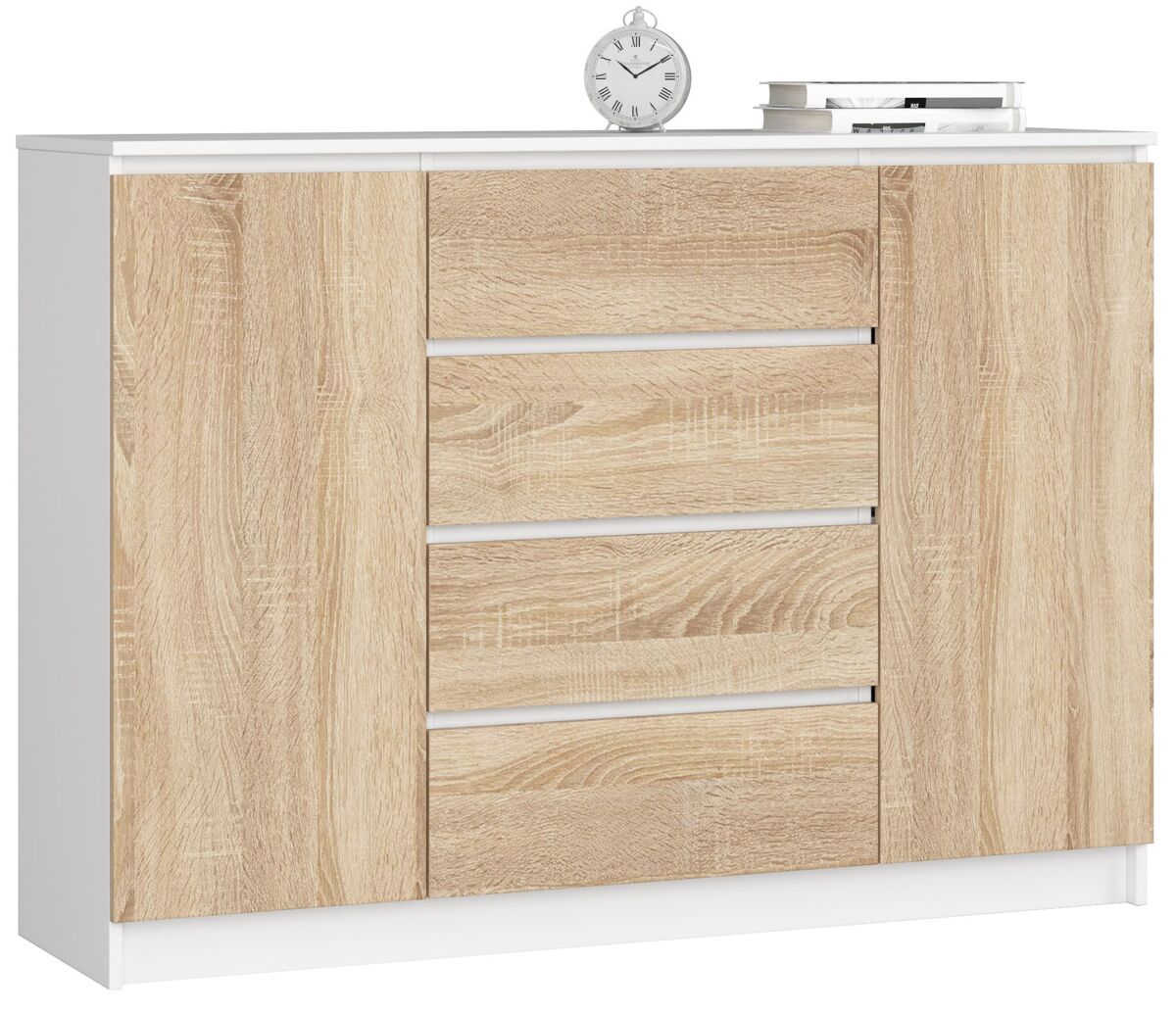 Cómoda K140 AKORD con 4 cajones y 4 estantes 138 Blanco/ Madera