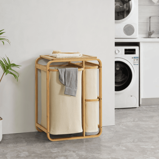 Separador de roupa Evenes com 3 sacos 38 L + 12 L bambupoliéster 71 x 50 x 33 cm - Bege en.casa