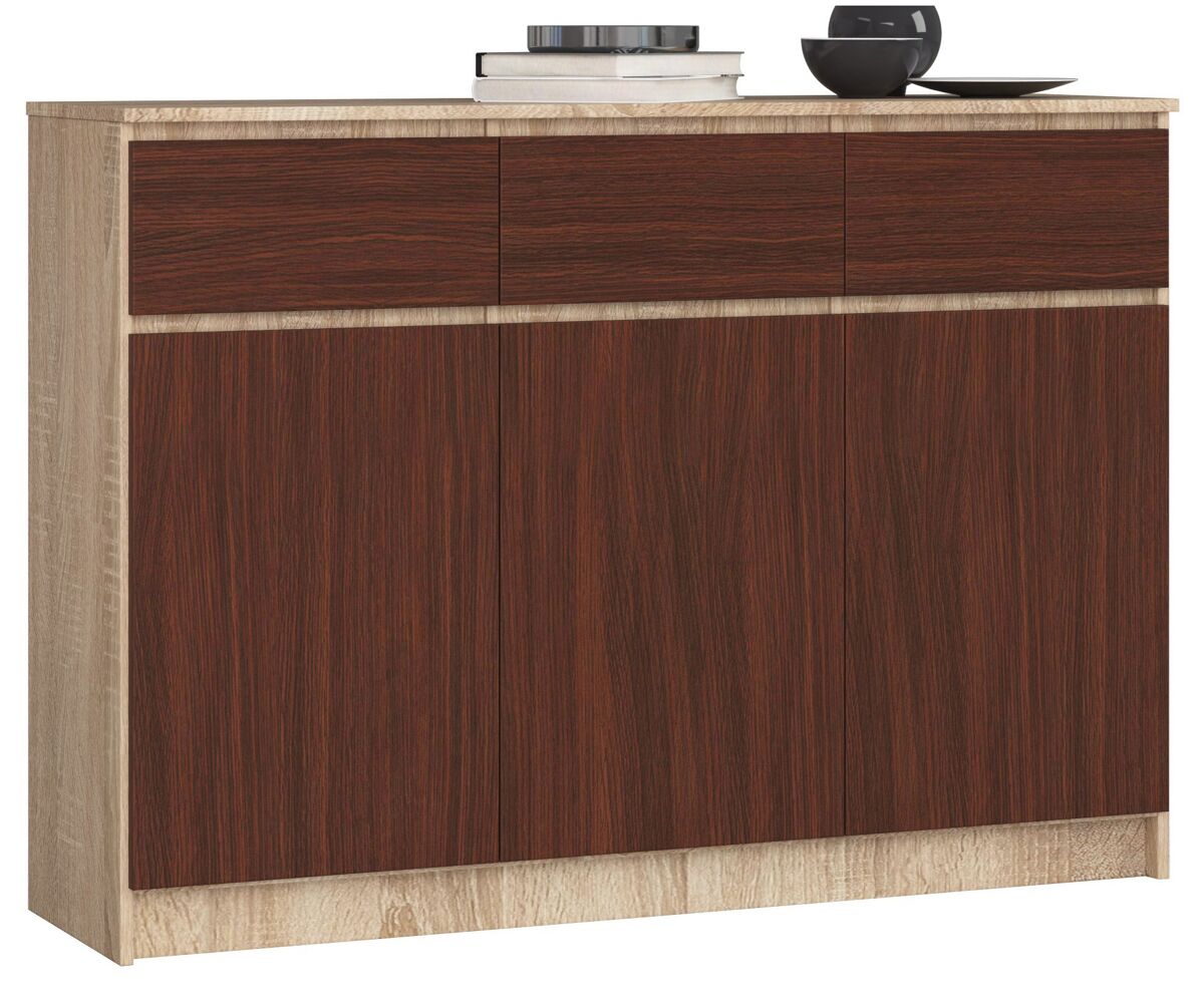 Cómoda akord k140 roble sonoma 138 cm 3 puertas 3 cajones frente en color wenge 6 estantes 138x40x99 cm