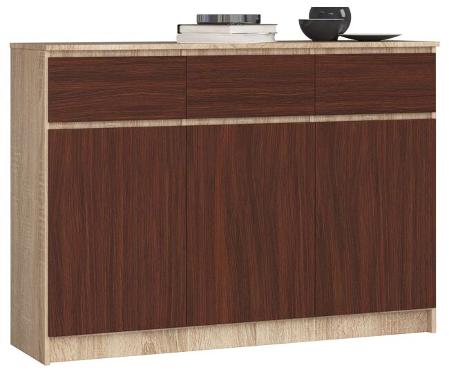 Cómoda akord k140 roble sonoma 138 cm 3 puertas 3 cajones frente en color wenge 6 estantes 138x40x99 cm