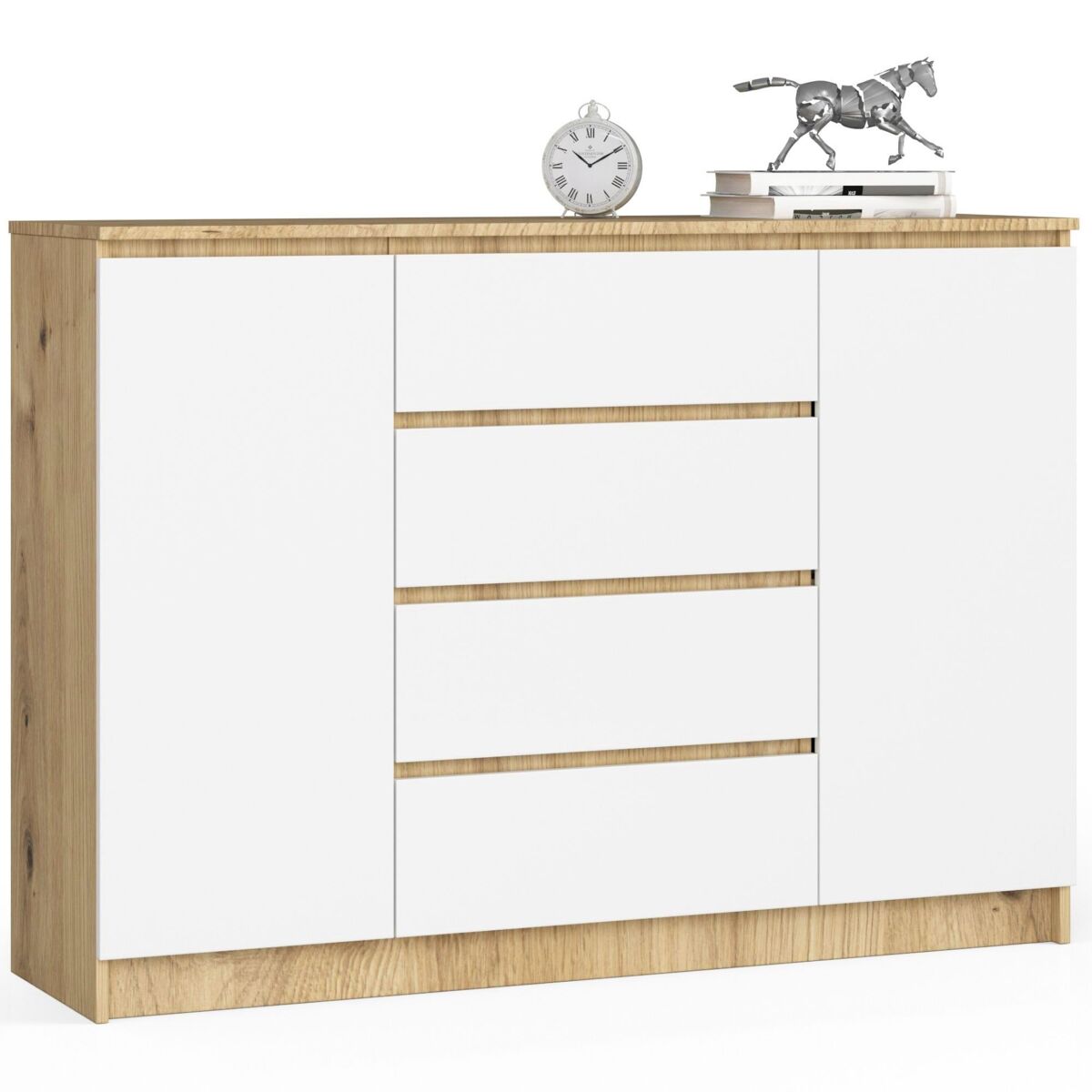 Cómoda akord k140 roble artisan 138 cm 2 puertas 4 cajones frente en color blanco 4 estantes 138x40x99 cm