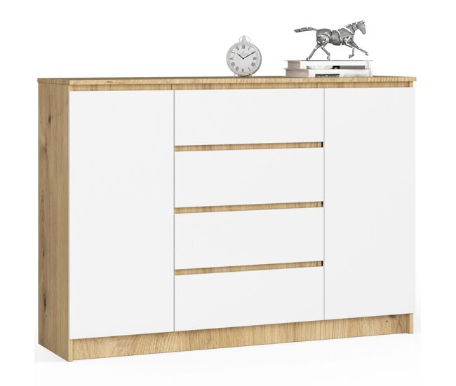Cómoda akord k140 roble artisan 138 cm 2 puertas 4 cajones frente en color blanco 4 estantes 138x40x99 cm