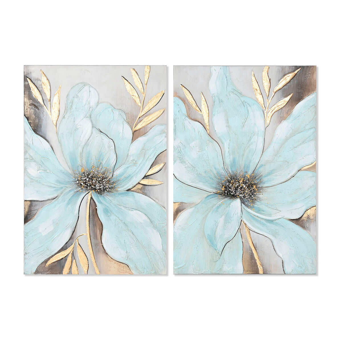 Cuadro home esprit azul dorado lienzo madera mdf flor shabby chic 60 x 3 x 90 cm (2 unidades)