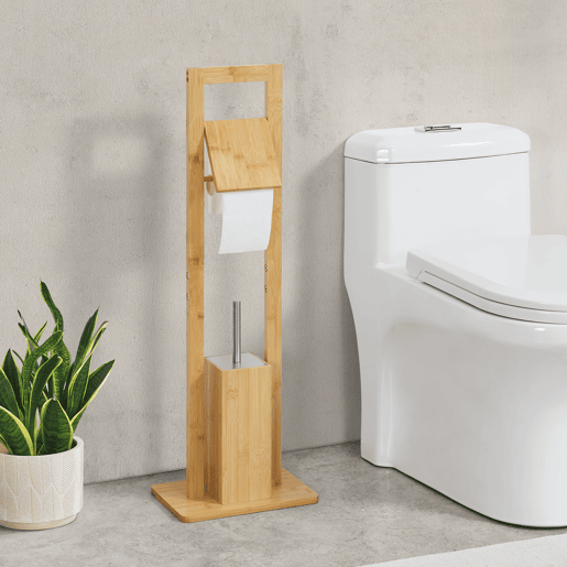 Porta-escovas de sanita de pé Västerås com escova de sanita em bambu 83x28x18 cm naturalprata en.casa