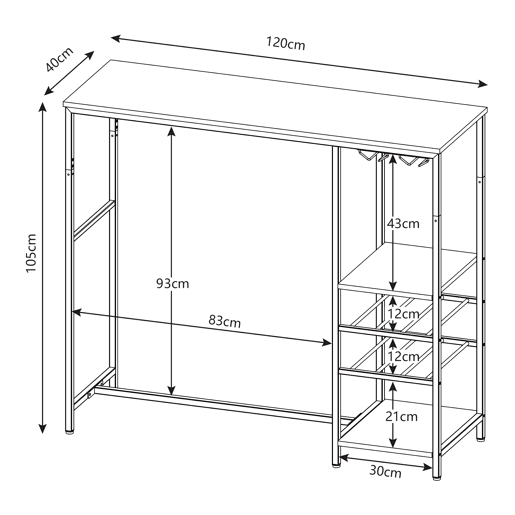 Mesa de bar Stjørdal com prateleira para vinhos 120x40x105cm - PretoNozes en.casa