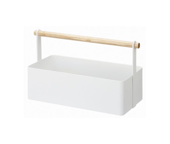 Cesta de almacenamiento de metal blanco con asa de madera - l29 cm