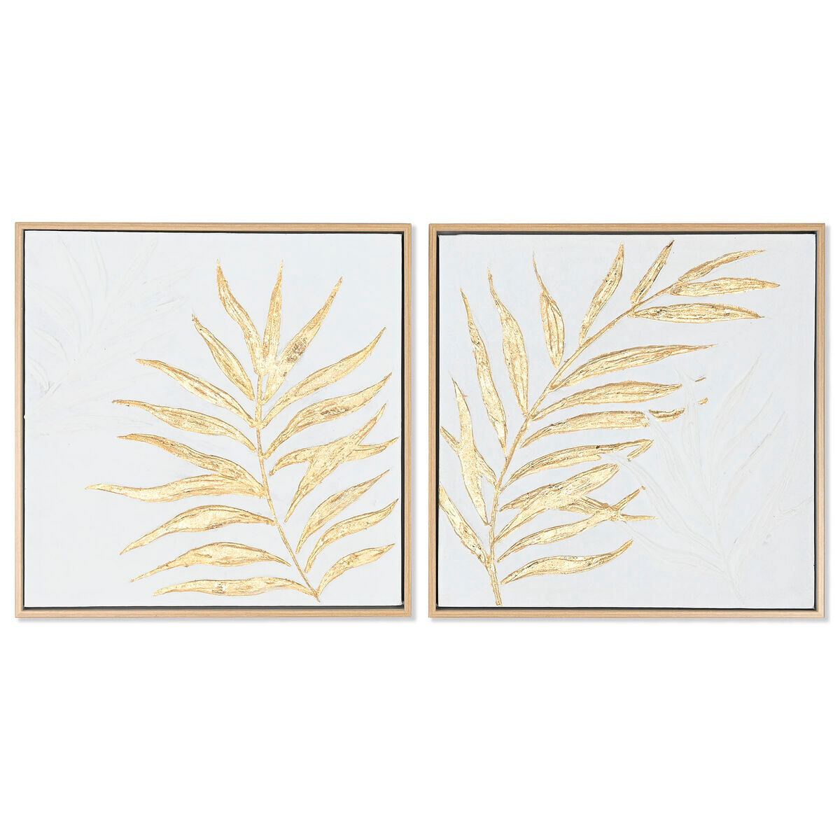 Cuadro home esprit blanco dorado lienzo madera mdf moderno hoja de planta 42 x 4 x 42 cm (2 unidades)