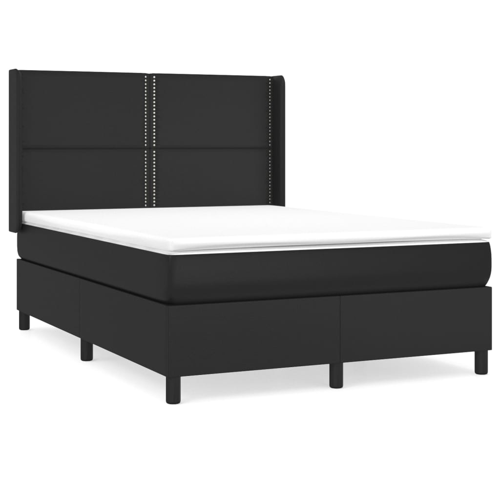 Cama box spring con colchón cuero sintético negro 140x190 cm liso con clavos