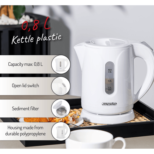 Mesko MS1376 Chaleira Eléctrica de Água 0,8 L sem BPA, sem Fio, Desligamento Automático, Filtro Anti-Calcário, 1600, Branco