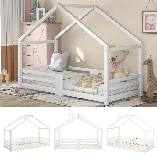 Cama de criança,cama-casa de madeira de pinho 90x200cm,branco