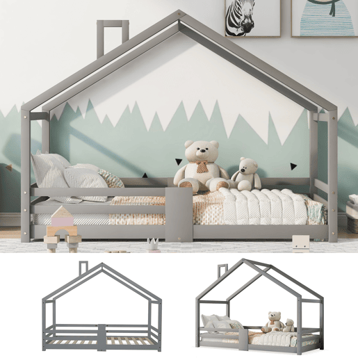 Cama de criança,cama-casa de madeira de pinho 90x200cm,cinzento