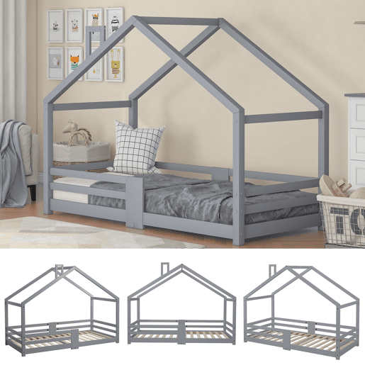 Cama de criança,cama-casa de madeira de pinho 90x200cm,cinzento