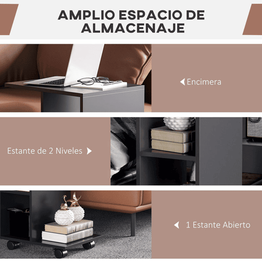 HOMCOM Mesa Auxiliar Moderna Mesa Auxiliar em Forma de C com Rodas e Prateleiras Abertas para Sala de Estar Dormitório 45x35x58 cm Preto