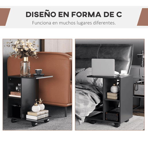 HOMCOM Mesa Auxiliar Moderna Mesa Auxiliar em Forma de C com Rodas e Prateleiras Abertas para Sala de Estar Dormitório 45x35x58 cm Preto