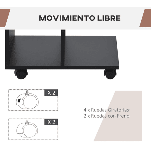 HOMCOM Mesa Auxiliar Moderna Mesa Auxiliar em Forma de C com Rodas e Prateleiras Abertas para Sala de Estar Dormitório 45x35x58 cm Preto