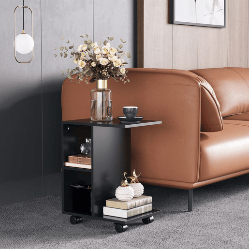 HOMCOM Mesa Auxiliar Moderna Mesa Auxiliar em Forma de C com Rodas e Prateleiras Abertas para Sala de Estar Dormitório 45x35x58 cm Preto