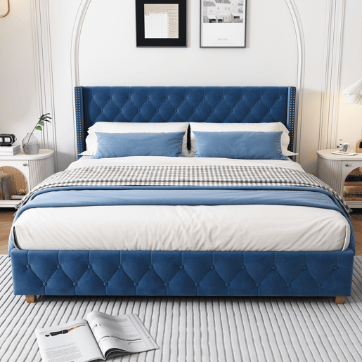 Cama de casal de veludo 160x200cm,azul Cama de casal de veludo 160x200cm,azul