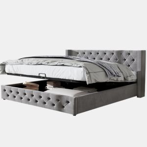 Cama de casal de veludo 140x190cm com armazenamento,cinzento