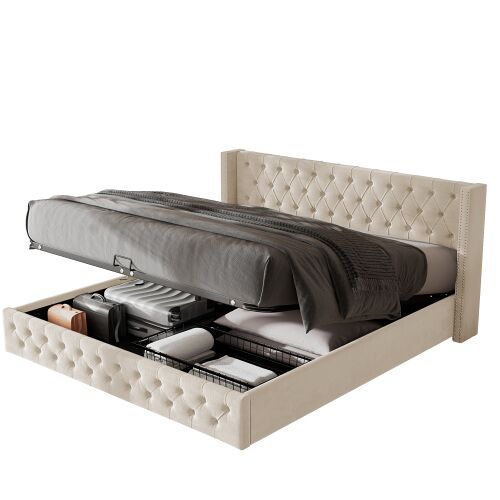 Cama de matrimonio de terciopelo 140x200cm con almacenaje,beige