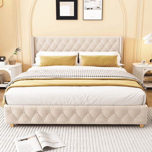 Cama de casal de veludo 180x200cm,bege claro