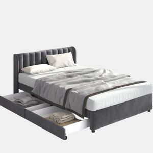 Cama de casal de veludo 140x200cm com 2 gavetas,cinzento