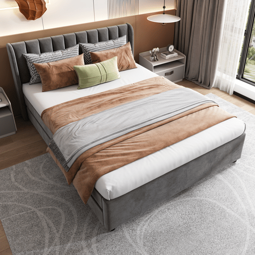 Cama de casal de veludo 140x200cm com 2 gavetas,cinzento