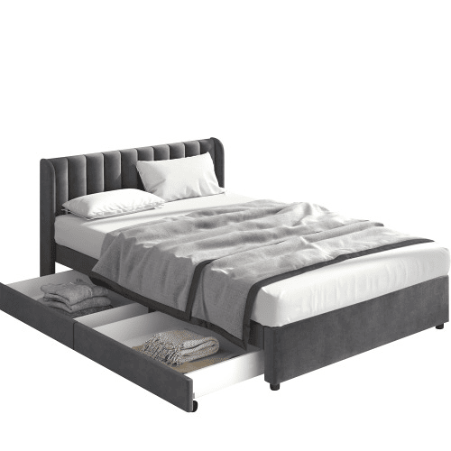 Cama de casal de veludo 180x200cm com 2 gavetas,cinzento