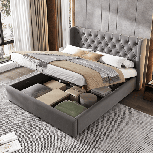 Cama de casal de veludo 140x190cm com armazenamento,cinzento