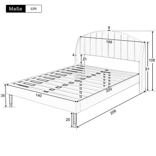 Cama de casal de veludo 140x200cm,bege