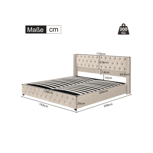 Cama de casal de veludo 160x200cm com armazenamento,bege