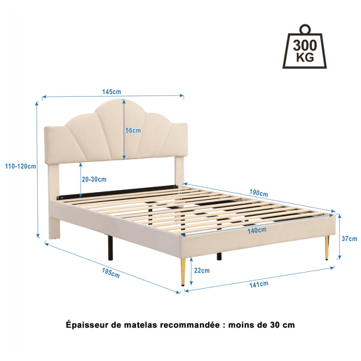 Cama de casal de veludo 140x190cm,bege