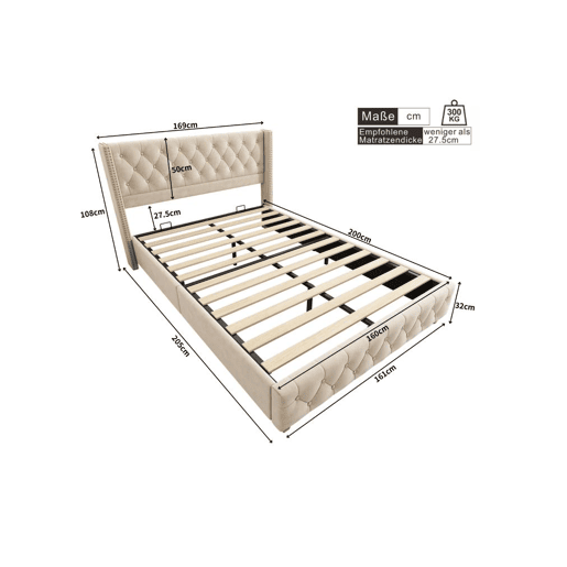 Cama de casal de veludo 160x200cm,bege claro