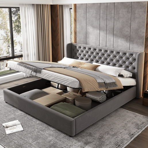Cama de casal de veludo 180x200cm com armazenamento,cinzento