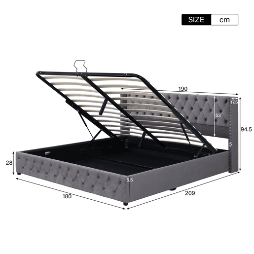 Cama de casal de veludo 180x200cm com armazenamento,cinzento