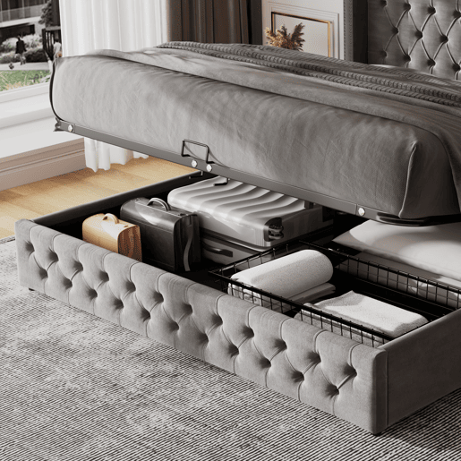 Cama de casal de veludo 180x200cm com armazenamento,cinzento