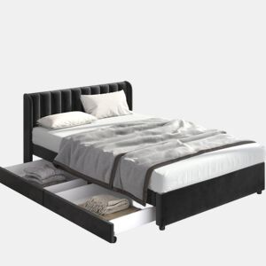 Cama de casal de veludo 180x200cm com 2 gavetas,preto