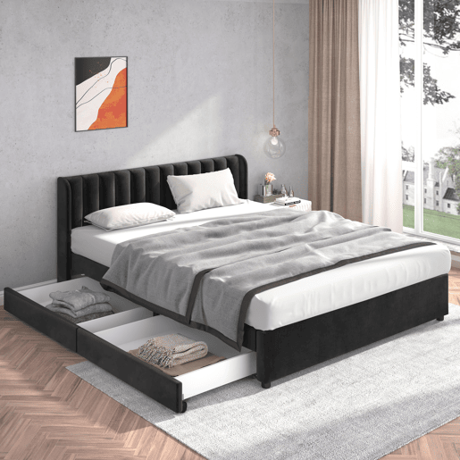 Cama de casal de veludo 180x200cm com 2 gavetas,preto