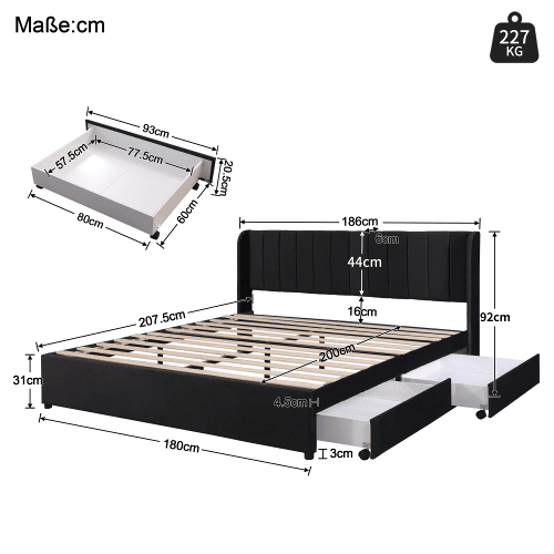 Cama de casal de veludo 180x200cm com 2 gavetas,preto
