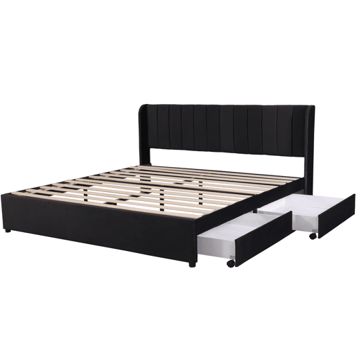 Cama de casal de veludo 180x200cm com 2 gavetas,preto