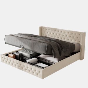 Cama de casal de veludo 180x200cm com armazenamento,bege