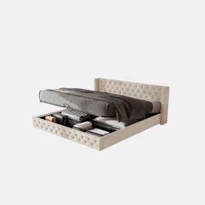 Cama de casal de veludo 140x190cm com armazenamento,bege