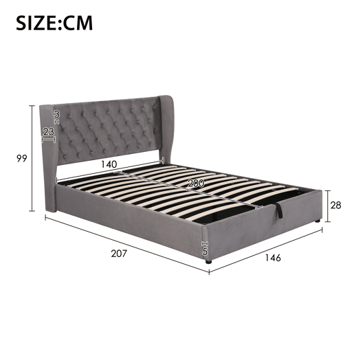 Cama de casal de veludo 140x200cm com armazenamento,cinzento